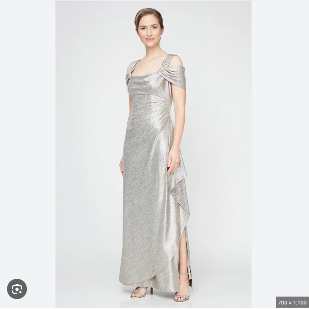 Alex Evenings Silver Metallic Off-Shoulder Maxi Gown